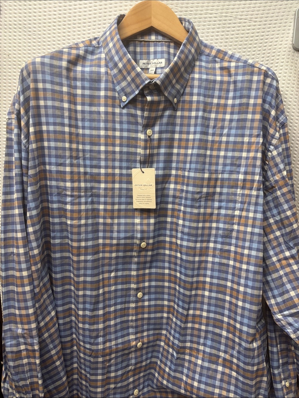 NWT peter Millar Blue and Tan Plaid Cotton Button-Down Shirt Sz 2XT